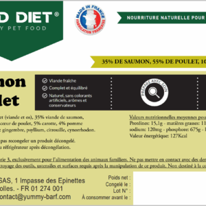 Menu complet équilibré tout prêt pour chien contenant du saumon et du poulet