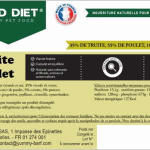 Menu complet équilibré tout prêt pour chien contenant du truite et du poulet